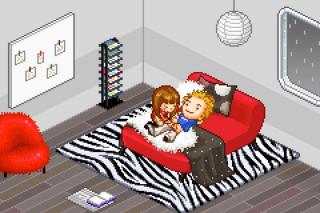 Cyporn by Pierrick Thebault; two people on a red sofa in a pixel art room