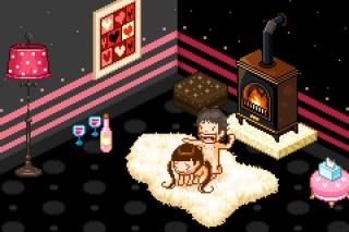 Pixel art by Pierrick Thebault featuring a romantic scene with two figures near a fireplace