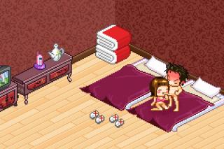 Cyporn illustration by Pierrick Thebault: pixel art couple on bed in patterned room