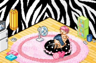 Pixel art of two figures on a pink rug in a zebra-striped room by Pierrick Thebault