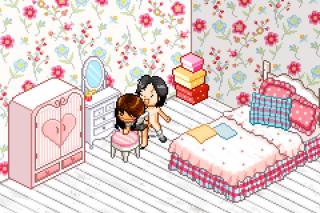 Illustration by Pierrick Thebault of two pixelated figures in a floral bedroom