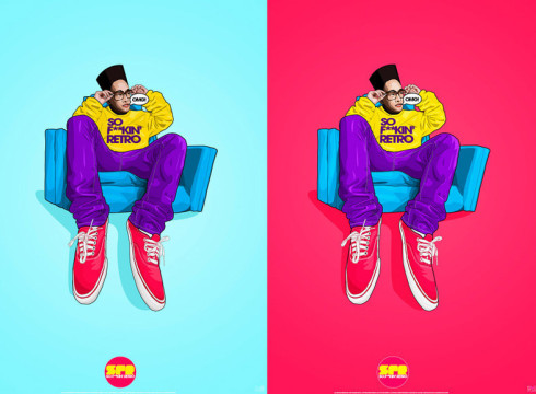 Samuel Carter Mensah's illustration of a retro-styled character in vibrant colors and text