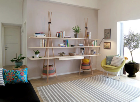 Tipi Modular Furniture by Assaf Israel, wooden shelves with plants and books