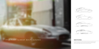 Jaguar E?type Concept by László Varga featuring blurred car with design sketches and text 'Style Power Glamour Beauty Elegance'