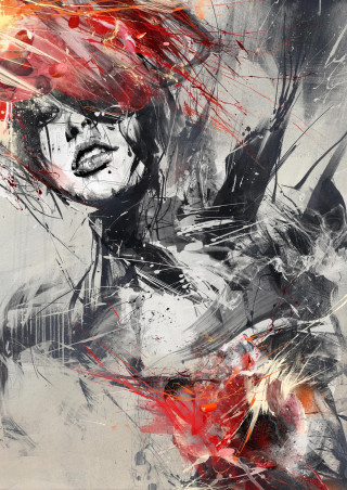Byroglyphics artwork by Russ Mills, abstract portrait with red and black brushstrokes