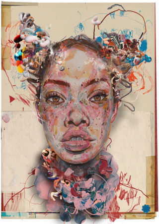 Byroglyphics by Russ Mills, abstract portrait with mixed media textures