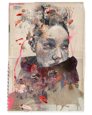 Mixed media portrait by Russ Mills, featuring a woman's face with abstract elements