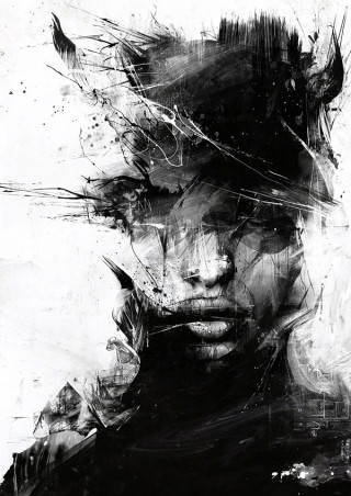 Byroglyphics by Russ Mills; abstract black and white portrait with dynamic brushstrokes