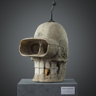 Fossilized cartoon character skull by Filip Hodas titled 'Cartoon Fossils'