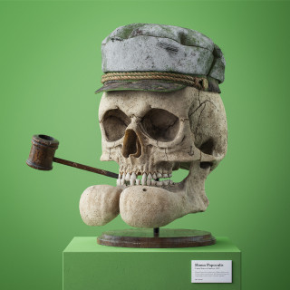 Filip Hodas's rendering of a skull with a hat and pipe on a green pedestal