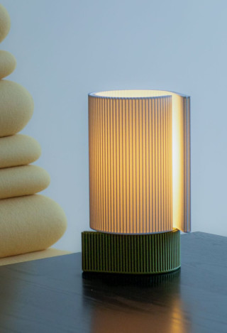 RIFT Lamp by Yongwon Kwon with pleated cylindrical shade on green base
