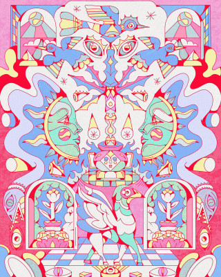 Abstract illustration featuring mirrored faces, birds, and floral motifs by Yo Az