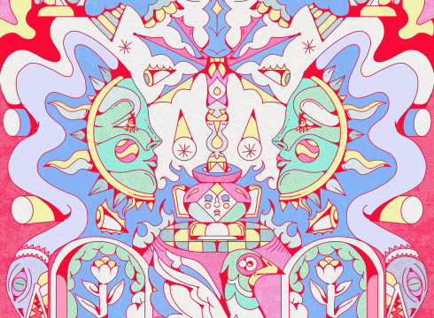 Abstract illustration featuring mirrored faces, birds, and floral motifs by Yo Az