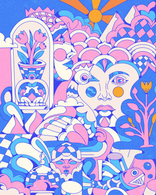 Colorful abstract illustration by Yo Az featuring faces and geometric shapes