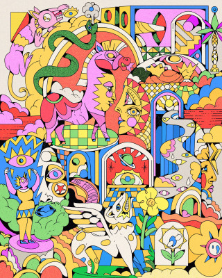 Colorful surreal illustration by Yo Az with creatures and abstract forms