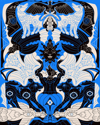 Symmetrical illustration by Yo Az with blue, black, and white animal motifs