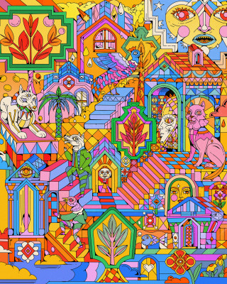 Colorful, geometric illustration by Yo Az featuring fantasy architecture and animals