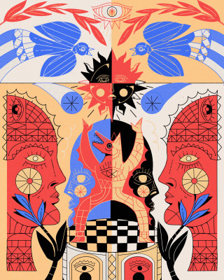 Colorful abstract faces with sun and moon motif by Yo Az