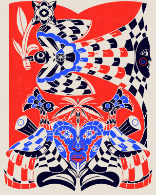 Graphic illustration by Yo Az featuring abstract patterns and bird motifs in red, blue, and black