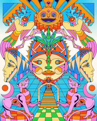 Symmetrical colorful illustration with faces, a central mask, and geometric patterns by Yo Az
