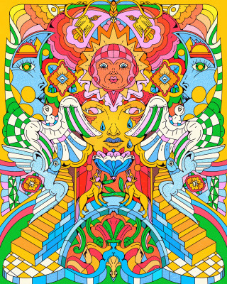 Colorful symmetrical illustration by Yo Az with faces, birds, and geometric shapes