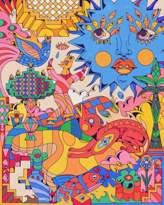 Vibrant illustration by Yo Az featuring a sun with eyes, abstract animals, and geometric patterns