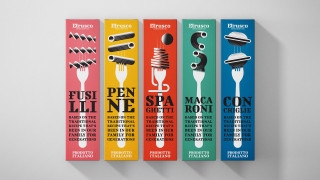 Etrusco pasta packaging design by Bart De Keyzer, featuring bold pasta names