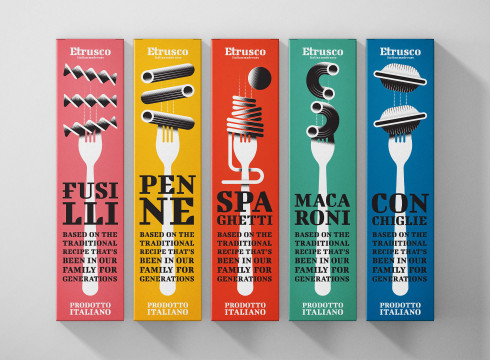 Etrusco pasta packaging design by Bart De Keyzer, featuring bold pasta names