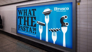 Etrusco Pasta ad by Bart De Keyzer with forks holding pasta shapes and 'What The Pasta?!' text
