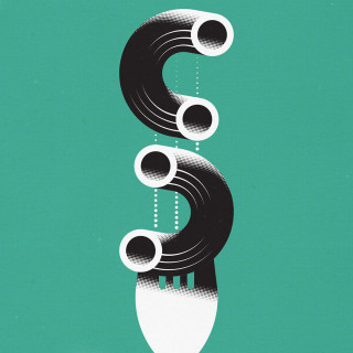 Etrusco pasta illustration by Bart De Keyzer with fork and pasta shapes on teal background