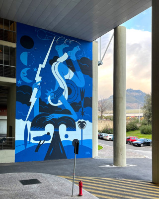Napoli Mural by Joren Joshua, featuring abstract blue figures and celestial elements