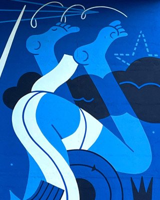 Blue-toned mural by Joren Joshua featuring abstract feet, clouds, and star
