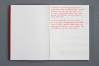 Open book spread with red text by NoGood on the right page