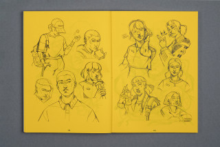 Sketches of diverse people on yellow pages from The NoGood Book by NoGood