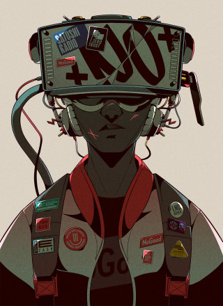 Illustration from NoGood's The NoGood Book featuring a person with tech headgear and pins