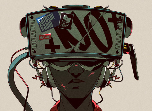 Illustration from NoGood's The NoGood Book featuring a person with tech headgear and pins